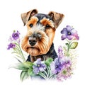 Watercolor illustration of a dog breed Yorkshire Terrier with flowers. Generative AI Generative AI