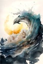 Watercolor illustration of a dolphin jumping out of the ocean on a sunset background Royalty Free Stock Photo