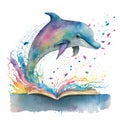 watercolor illustration of a dolphin jumping out of an open book on a white background Royalty Free Stock Photo