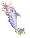 Watercolor illustration with a dolphin and tropical flowers. Paper texture, hand-drawn, isolate on a white background. Royalty Free Stock Photo