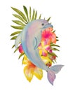 Watercolor illustration with a dolphin and tropical flowers. Paper texture, hand-drawn, isolate on a white background. Royalty Free Stock Photo