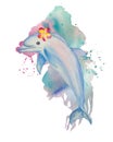 Watercolor illustration with a dolphin and tropical flowers. Paper texture, hand-drawn, isolate on a white background. Royalty Free Stock Photo