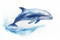 Watercolor illustration of dolphins jumping out of the sea, isolated on a blue background. Royalty Free Stock Photo