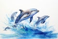 Watercolor illustration of dolphins jumping out of the sea, isolated on a blue background. Royalty Free Stock Photo