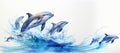 Watercolor illustration of dolphins jumping out of the sea, isolated on a blue background. Royalty Free Stock Photo
