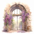 Watercolor illustration of a door with blooming lilac flowers