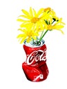 Watercolor illustration of doronicum in crumpled coca-cola tin