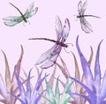 Watercolor illustration. Dragonfly flies on the background of greenery, grass. Abstract green, yellow paint splash. Stylish drawin