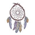 Watercolor illustration of dreamcatcher from branches of tree, Royalty Free Stock Photo