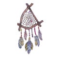 Watercolor illustration of dreamcatcher from branches of tree, Royalty Free Stock Photo