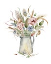 Watercolor illustration of dried flowers standing in a jug