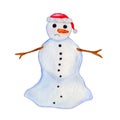 Watercolor illustration of a dripping snowman with a christmas hat Royalty Free Stock Photo