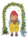 Watercolor illustration with dwarf gardener