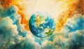 Watercolor illustration of the Earth globe with clouds and sun rays in the background Royalty Free Stock Photo