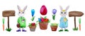 Watercolor illustration of Easter bunnies, flowers, wooden pointers and pots with painted eggs.