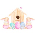 watercolor illustration of Easter bunnies house and eggs and willow. cute illustration isolate for decorating cards