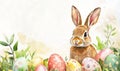 Watercolor illustration of Easter bunny with eggs close-up on white background. Generated by artificial intelligence. Royalty Free Stock Photo