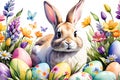 watercolor illustration of Easter bunny nestled among blooming flowers, surrounded by a scattered array of colorful eggs