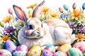 watercolor illustration of Easter bunny nestled among blooming flowers, surrounded by a scattered array of colorful eggs