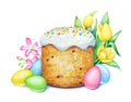 Easter cake with eggs and flowers Royalty Free Stock Photo