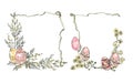 Watercolor illustration of Easter frames with easter pastel colored eggs, yellow ribbon and fluffy willow branches. Elegant hand