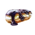 Watercolor illustration, eclair. Rich pastries. Bun with cream and chocolate glaze
