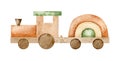 Watercolor illustration eco baby toy. Nursery decor, wood train. Royalty Free Stock Photo