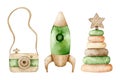 Watercolor illustration eco baby toys. Nursery decor, wood toys - camera, pyramid, rocket.