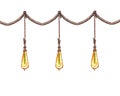 Watercolor illustration. Edison lamps, loft style in the form of a drop , vintage on a rope. Royalty Free Stock Photo