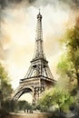 Watercolor illustration of Eiffel tower in Paris, France.