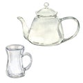 Watercolor illustration of empty transparent teapot for medicinal herbs isolated on white . Glass teapot and mug for tea Royalty Free Stock Photo