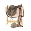 Watercolor illustration of equestrian equipment, ammunition and accessories for horse riding. Saddle, saddle pad on a Royalty Free Stock Photo