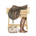 Watercolor illustration of equestrian equipment, ammunition and accessories for horse riding. Saddle on a wooden stand Royalty Free Stock Photo