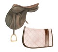 Watercolor illustration of equestrian equipment brown saddle and saddle pad, ammunition and accessories for horse riding Royalty Free Stock Photo