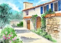 Watercolor illustration of a European cottage with blue shuttered windows