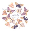 Watercolor illustration with exotic butterflies, moths set isolated on white background. Round frame. Perfect for you