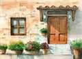 Watercolor illustration of the facade of an old European brick house