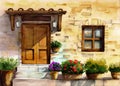 Watercolor illustration of the facade of an old European brick house with a porch Royalty Free Stock Photo
