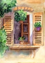 Watercolor illustration of the facade of an old house with an open window Royalty Free Stock Photo