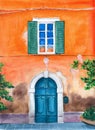 Watercolor illustration of the facade of an old house with orange stucco, a window with turquoise shutters Royalty Free Stock Photo
