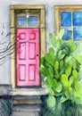 Watercolor illustration of the facade of an old house with a pink wooden door and a green cactus Royalty Free Stock Photo