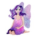 Watercolor illustration of fairy with butterfly wings. Little faerie with long hair.