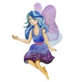 Watercolor illustration of fairy with butterfly wings. Little faerie with long hair.