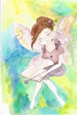 Fairy girl with wings. Cute little fairy girl has fun flying with the bookstore. Watercolor illustration. Royalty Free Stock Photo