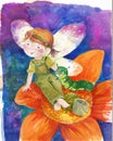 Fairy girl with wings. Watercolor illustration of a fairy girl sitting on a flower..