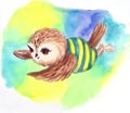 Small owl flying in striped clothes watercolor illustrtion print to decorate children. Bright textile print on a white background.