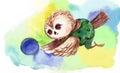 Small owl playing with a blue ball watercolor illustrtion print to decorate children`s clothing and children`s rooms. Bright wate