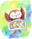 Small owl sleeping under a blanket watercolor illustrtion print to decorate children`s clothing and children`s rooms. 