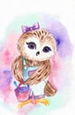 Small owl with bows and a bucket to play with watercolor illustrtion print to decorate children`s clothing and children`s