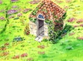 Watercolor illustration of a fairy-tale house under a tiled roof on a green meadow